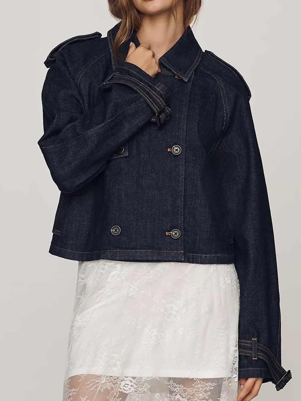 Pilcro Dark Indigo Cropped Double-Breasted Denim Jacket